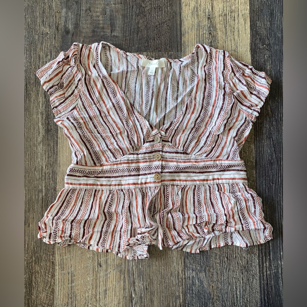 V-Neck Striped Button-Front Blouse in Cream and Rust